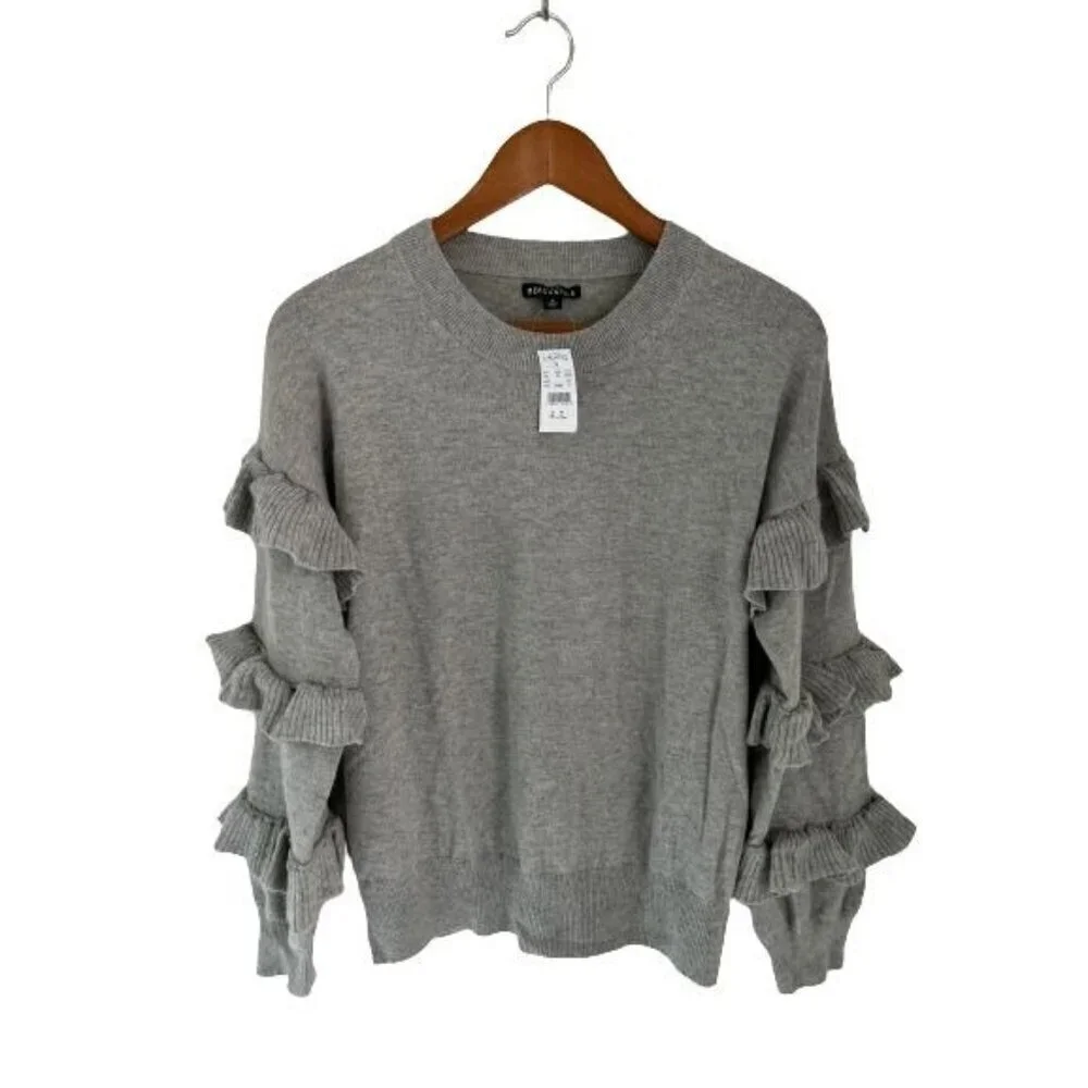 New! J.CREW Crewneck Ruffled Sleeves Gray Size Small
